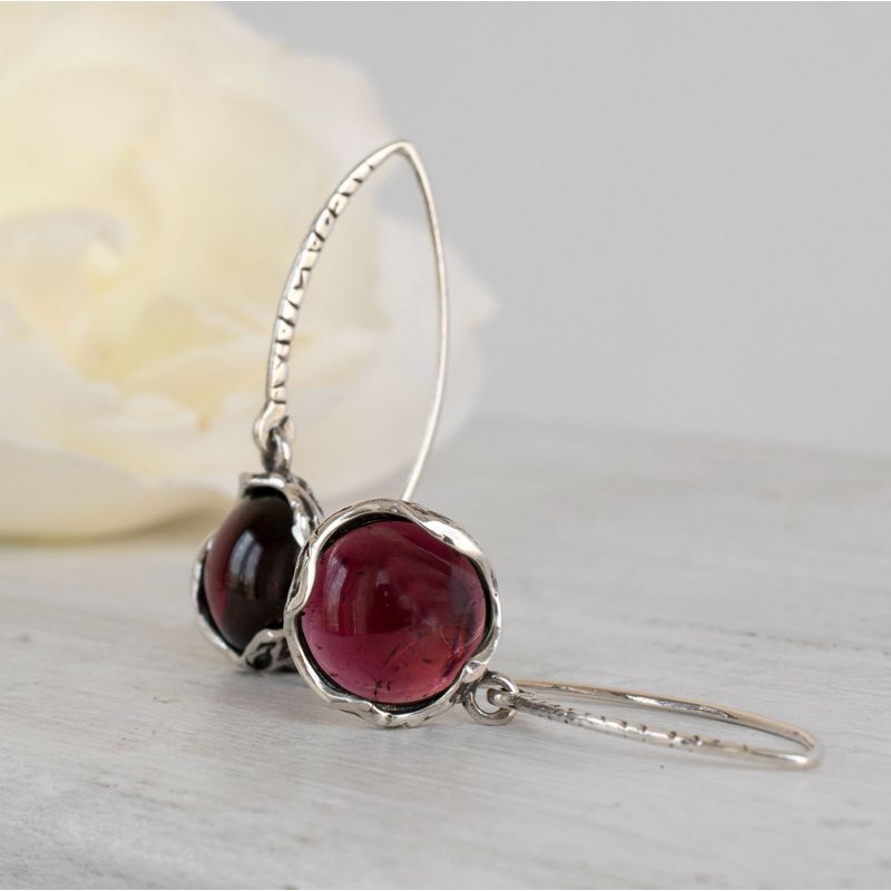 925 Sterling Silver Round Red Garnet 12mm Dangle Earrings