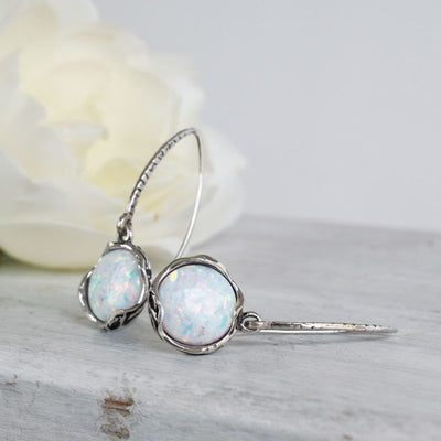 925 Sterling Silver Handmade 12mm White Opal Vintage Dangle Earrings