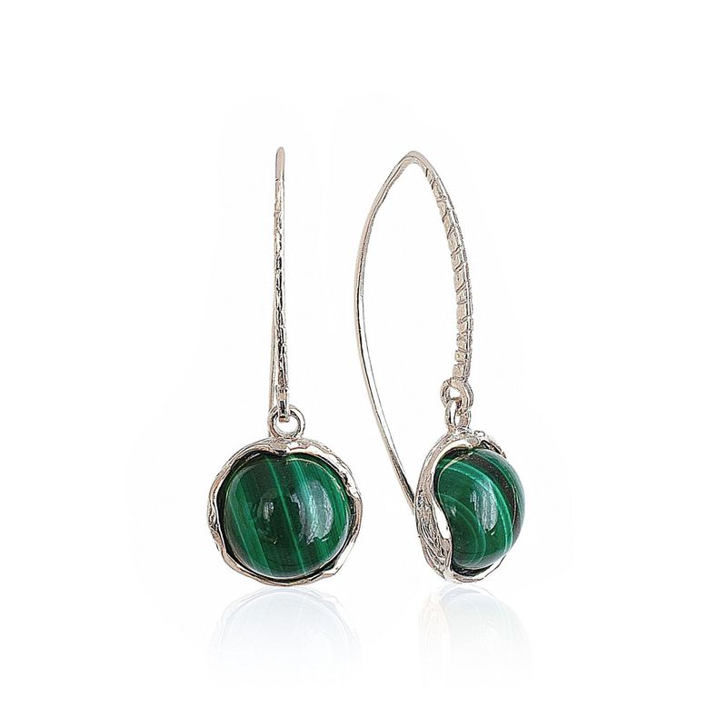 925 Sterling Silver Round Green Malachite 12mm Dangle Earrings