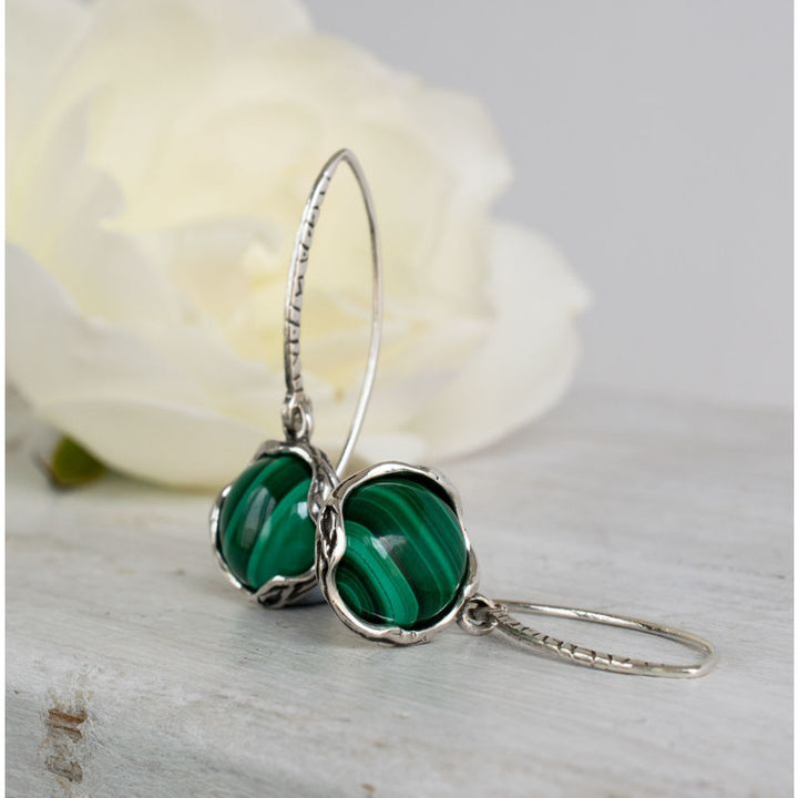 925 Sterling Silver Round Green Malachite 12mm Dangle Earrings