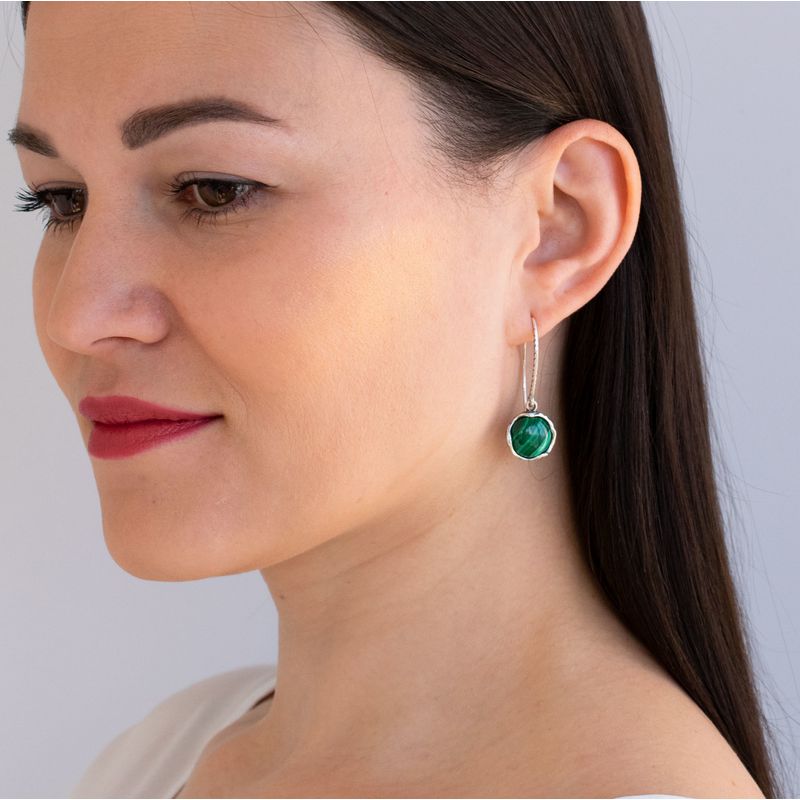 925 Sterling Silver Round Green Malachite 12mm Dangle Earrings