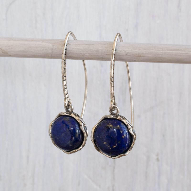 925 Sterling Silver Round Blue Lapis Lazuli 12mm Dangle Earrings
