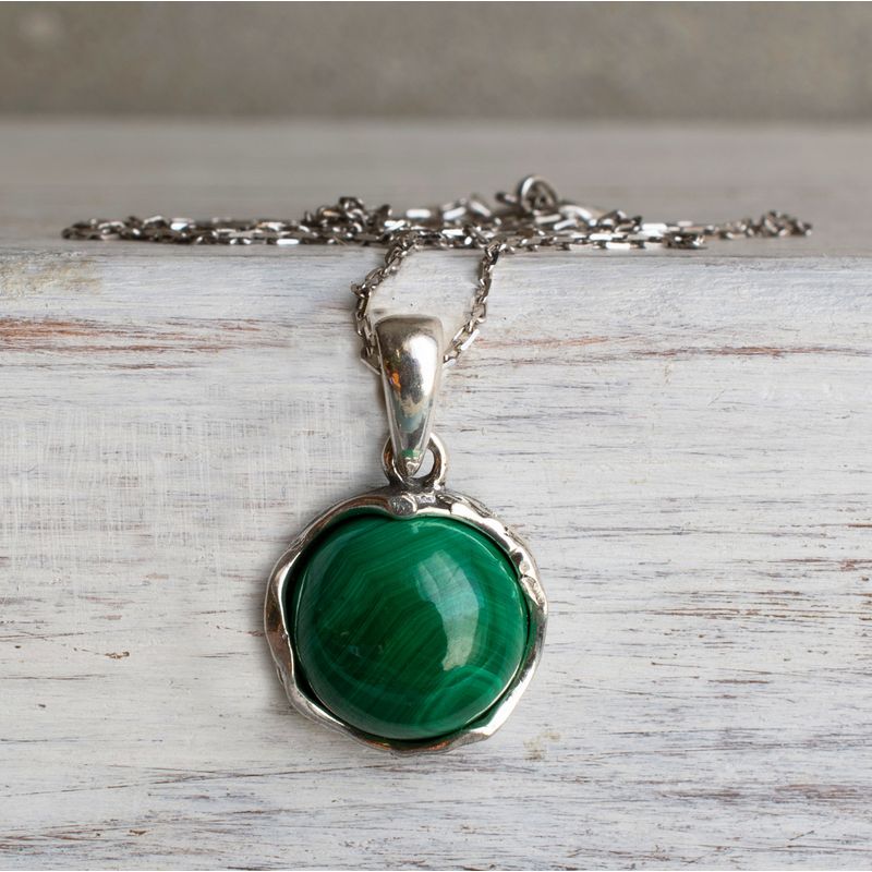 925 Sterling Silver Round Green Malachite 12mm Pendant