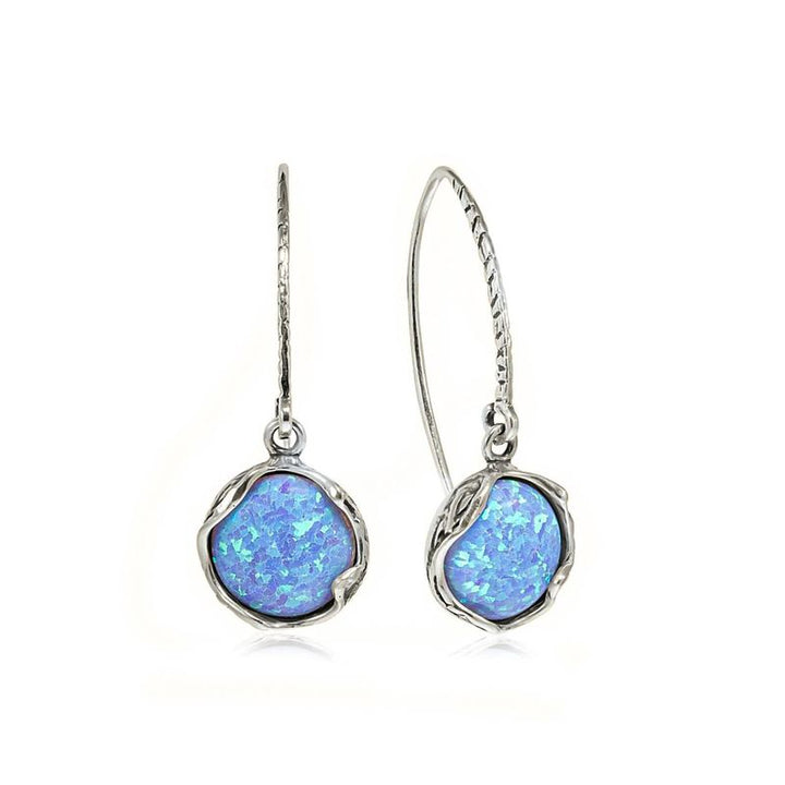 925 Sterling Silver Handmade 12mm Blue Opal Vintage Dangle Earrings