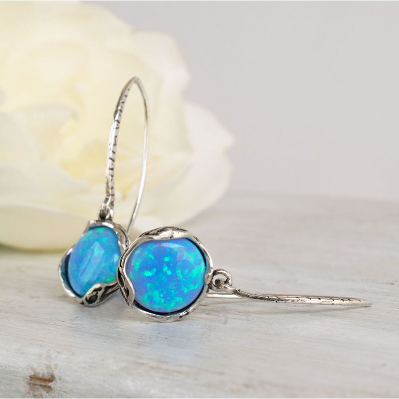 925 Sterling Silver Handmade 12mm Blue Opal Vintage Dangle Earrings