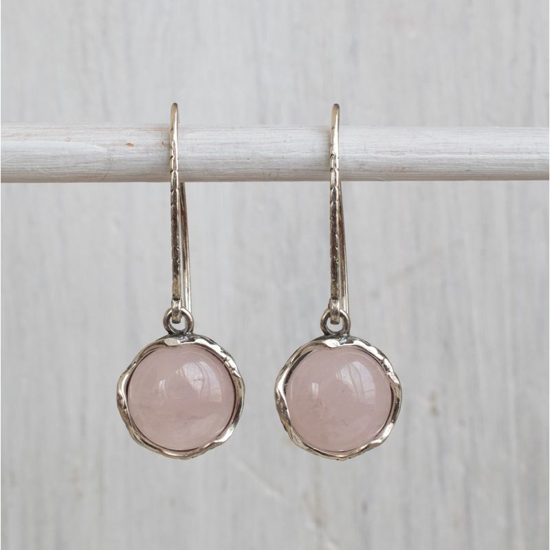 925 Sterling Silver Handmade 12mm Rose Quartz Vintage Dangle Earrings