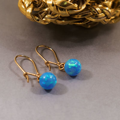 14k Gold Earrings With Blue Opal 6mm Bead