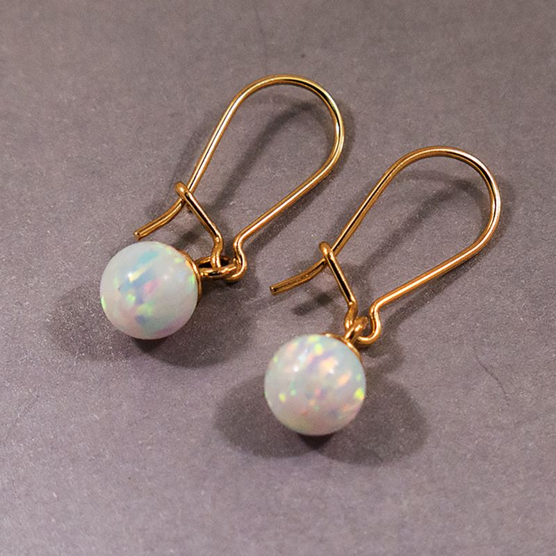 14k Gold Dangle Earrings With White Opal 6mm Bead