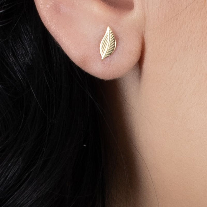 14k Solid Gold Leaf Stud Earrings With Gold Closures