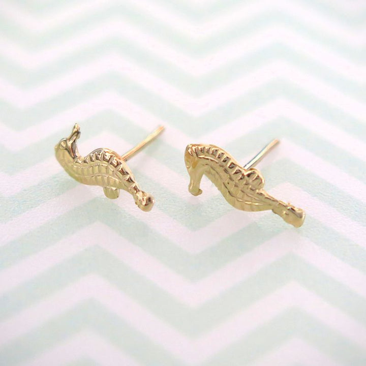 14k Solid Gold Seahorse Stud Earrings With Gold Closures