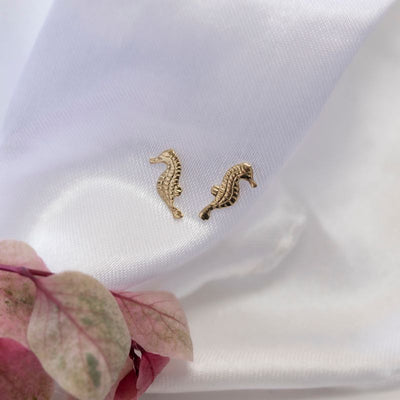 14k Solid Gold Seahorse Stud Earrings With Gold Closures