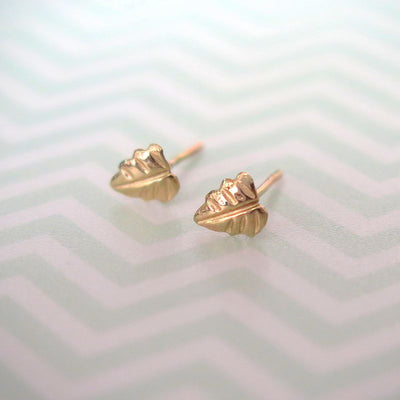 14k Solid Gold Fig Leaf Stud Earrings With Gold Closures