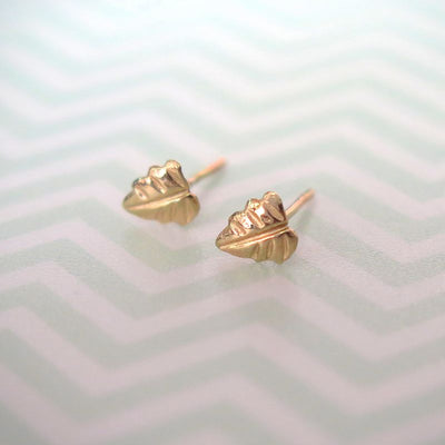 14k Solid Gold Fig Leaf Stud Earrings With Gold Closures