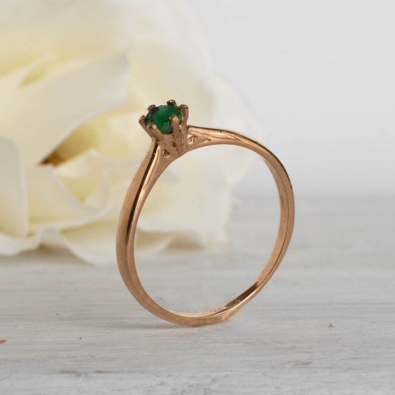 14K Rose Gold Round Green Emerald 3mm Ring