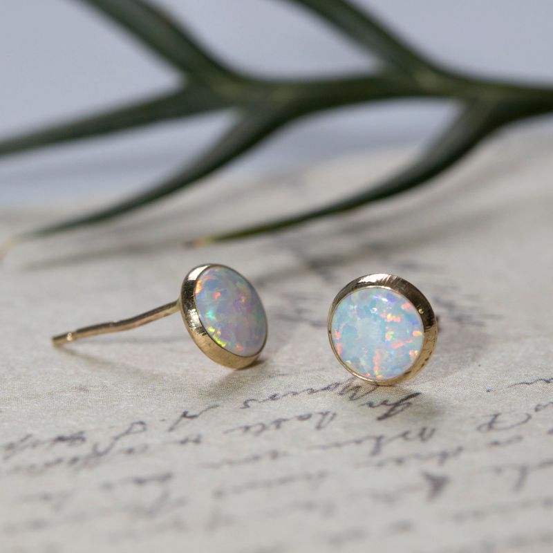 14k Solid Gold 4mm White Opal Stud Earrings With Gold Closures