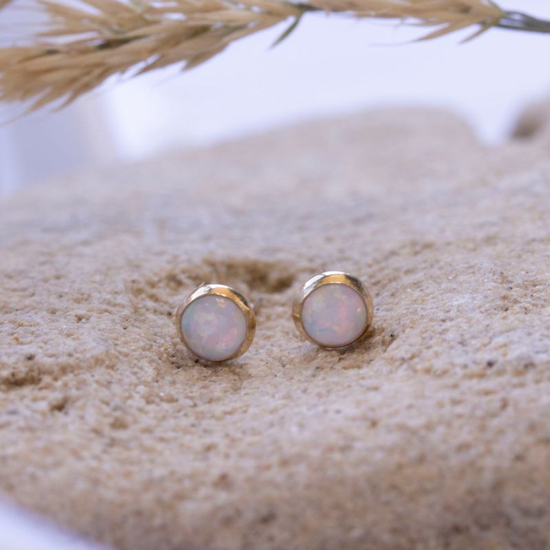 14k Solid Gold 4mm White Opal Stud Earrings With Gold Closures