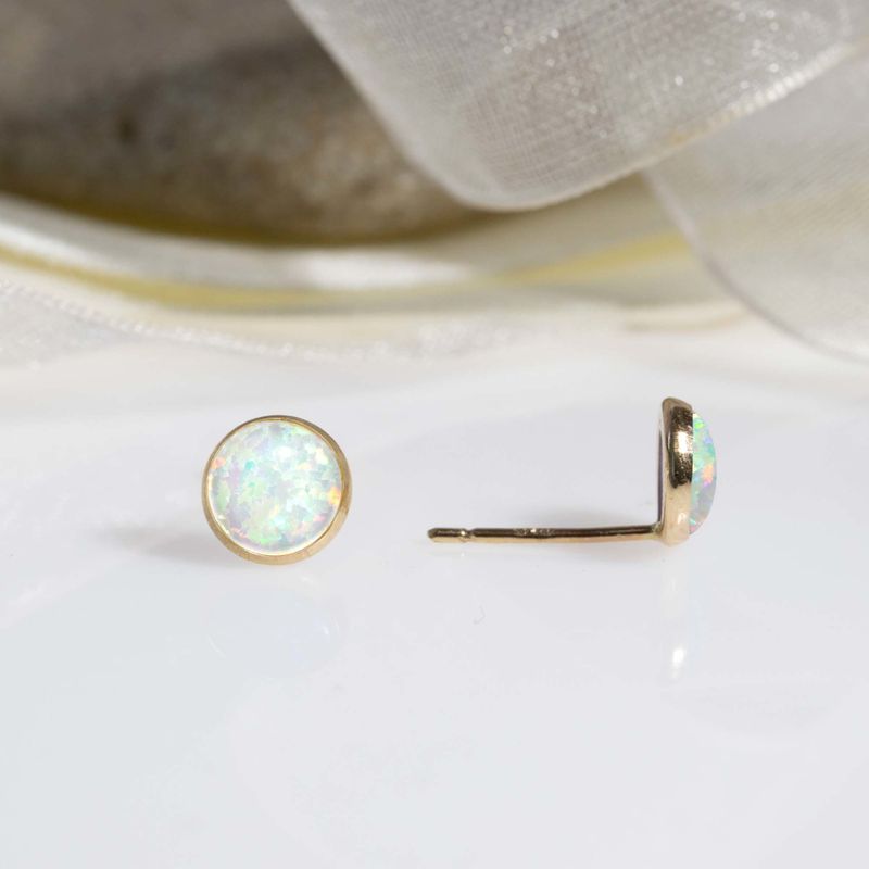 14k Solid Gold 4mm White Opal Stud Earrings With Gold Closures