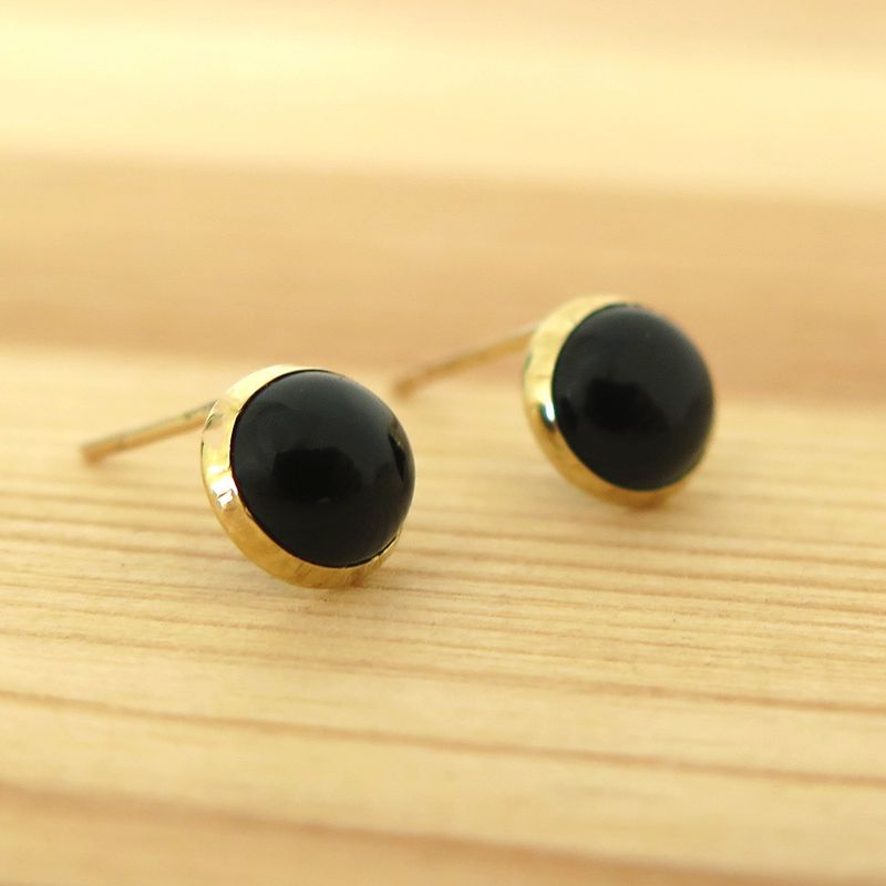 14k Solid Gold 6mm Black Onyx Stud Earrings With Gold Closures