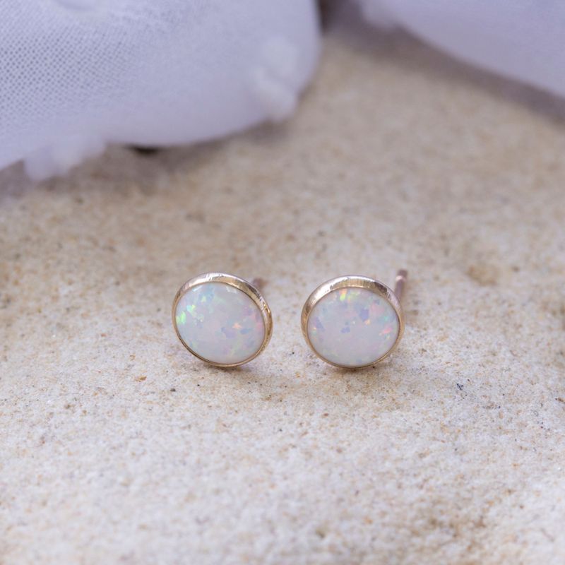 14K Yellow Gold Round White Opal Earrings - Sud Earrings , Handmade 