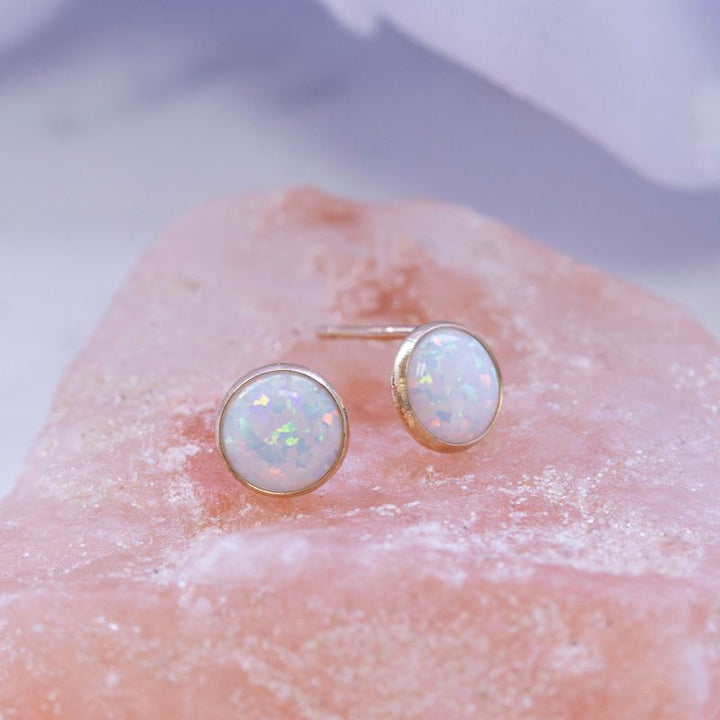 14K Yellow Gold Round White Opal Earrings - Sud Earrings , Handmade 