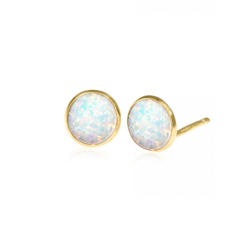 14K Yellow Gold Round White Opal Earrings - Sud Earrings , Handmade 
