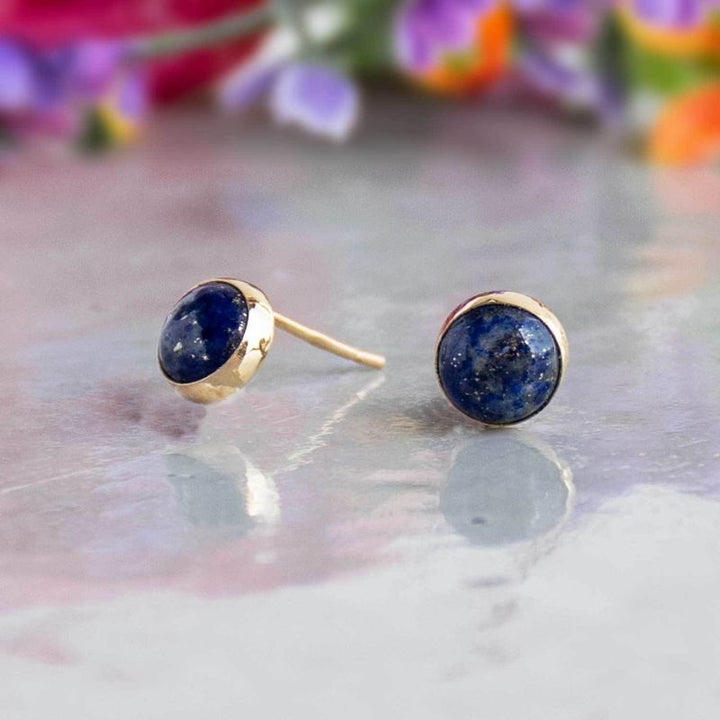 14k Solid Gold 6mm Lapis Stud Earrings With Gold Closures