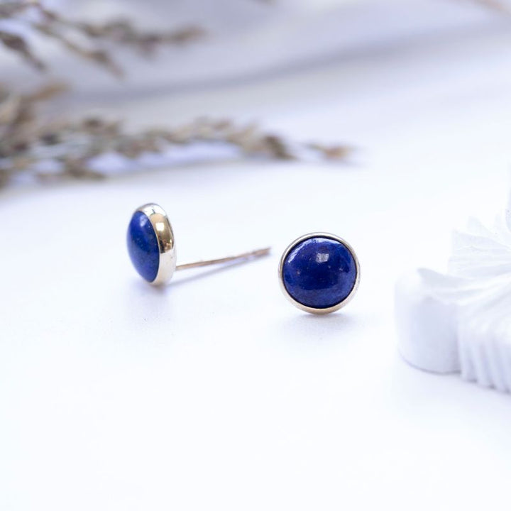 14k Solid Gold 6mm Lapis Stud Earrings With Gold Closures
