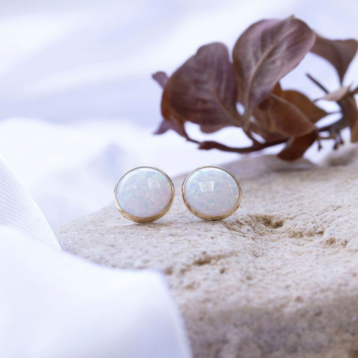 14K Yellow Gold Round White Opal 8mm Stud Earrings