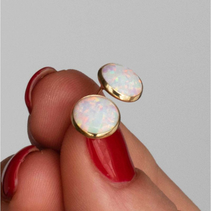 14K Yellow Gold Round White Opal 8mm Stud Earrings