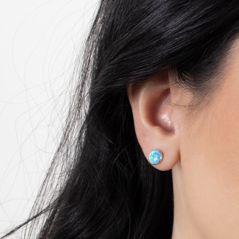 14k Solid Gold 8mm Blue Opal Stud Earrings With Gold Closures