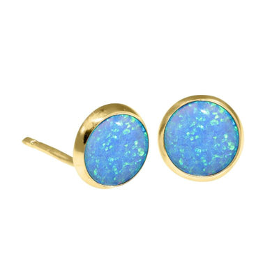 14k Solid Gold 8mm Blue Opal Stud Earrings With Gold Closures