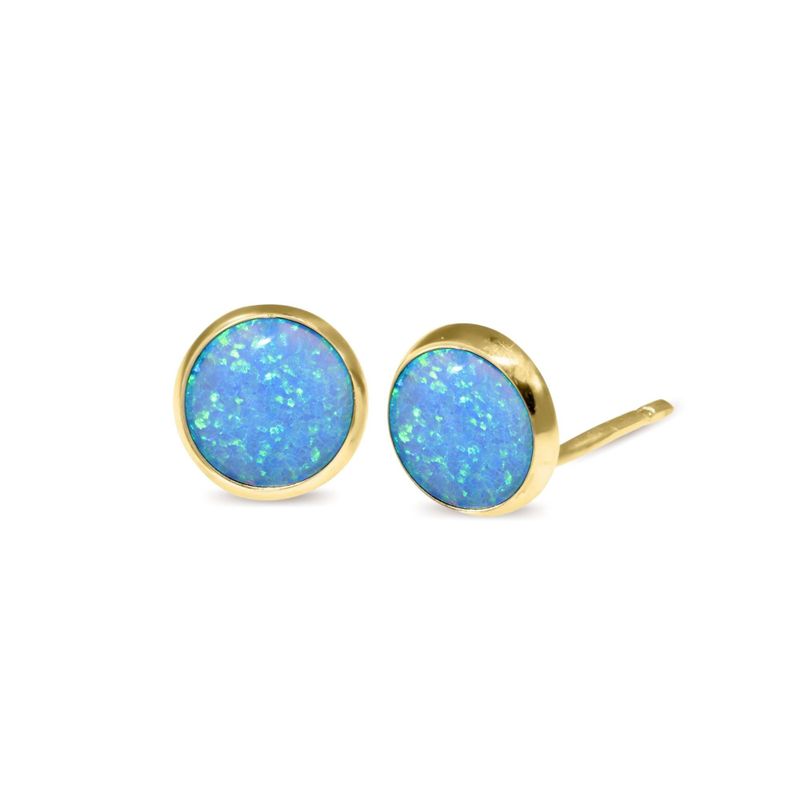14k Solid Gold 6mm Blue Opal Stud Earrings With Gold Closures