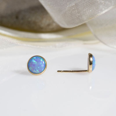 14k Solid Gold 6mm Blue Opal Stud Earrings With Gold Closures