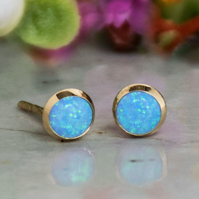 14k Solid Gold 4mm Blue Opal Stud Earrings With Gold Closures