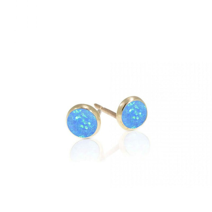 14k Solid Gold 4mm Blue Opal Stud Earrings With Gold Closures