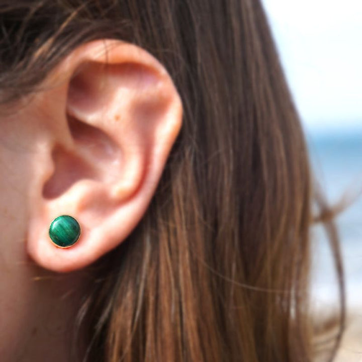 14k Solid Gold 8mm Malachite Stud Earrings With Gold Closures