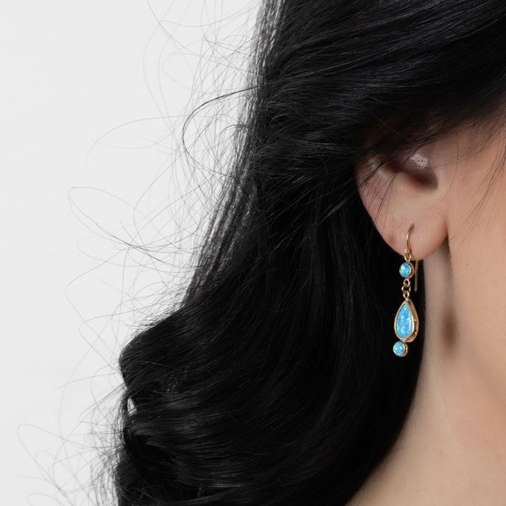14k Solid Gold Blue Opal Dangle Earrings