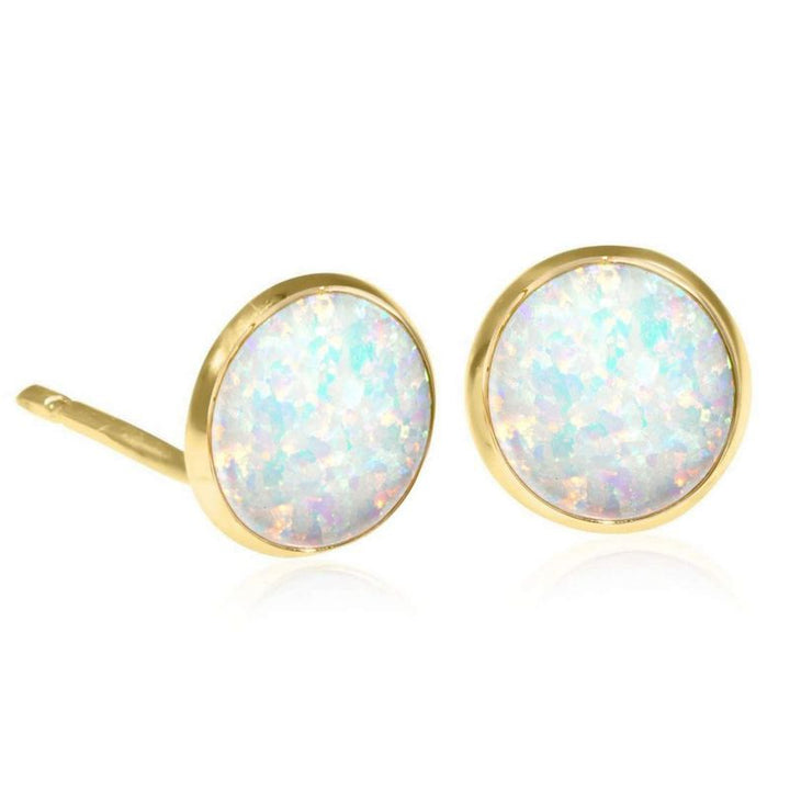 14k Solid Gold 12mm White Opal Stud Earrings With Gold Closures