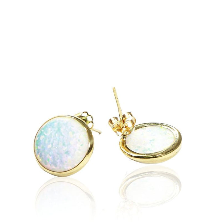 14k Solid Gold 12mm White Opal Stud Earrings With Gold Closures