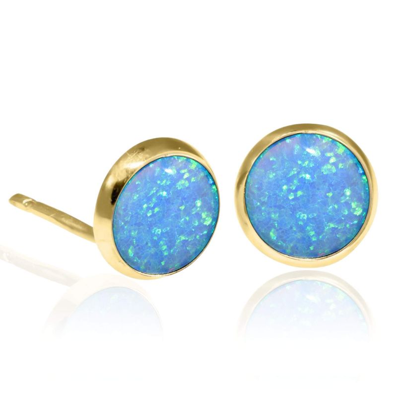 14k Solid Gold 12mm Blue Opal Stud Earrings With Gold Closures