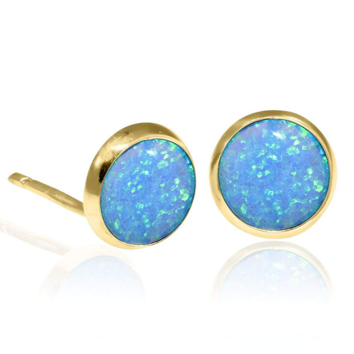 14k Solid Gold 12mm Blue Opal Stud Earrings With Gold Closures