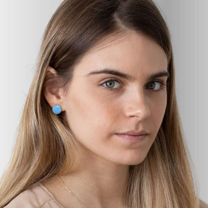 14k Solid Gold 12mm Blue Opal Stud Earrings With Gold Closures