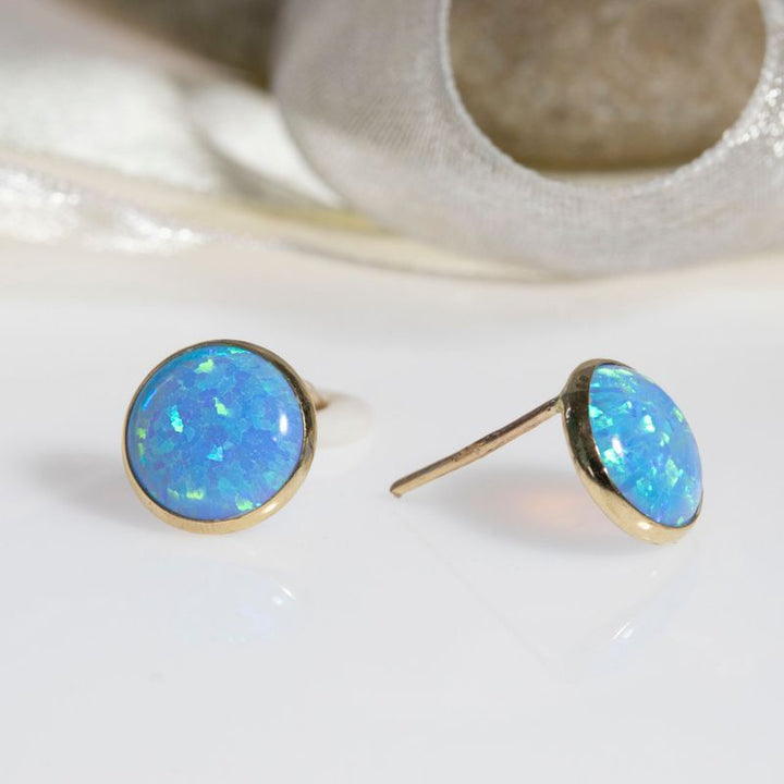 14k Solid Gold 12mm Blue Opal Stud Earrings With Gold Closures