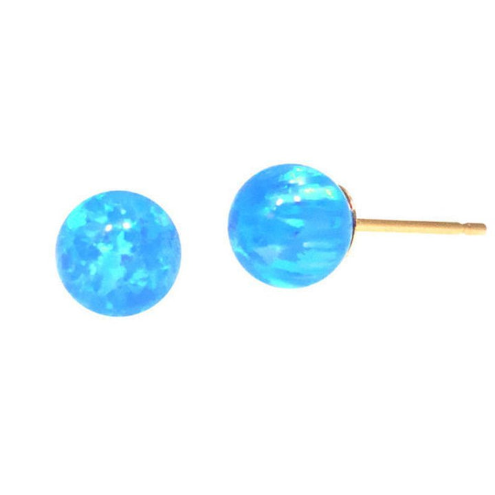 14k Solid Gold Blue Opal Ball Stud Earrings