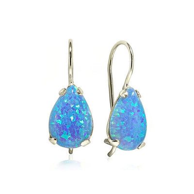 14K White Gold Blue Opal Drop Shaped Dangle Earrings
