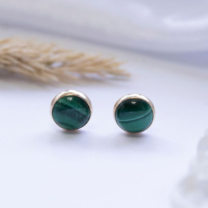 14k Solid Gold 6mm Malachite Stud Earrings With Gold Closures