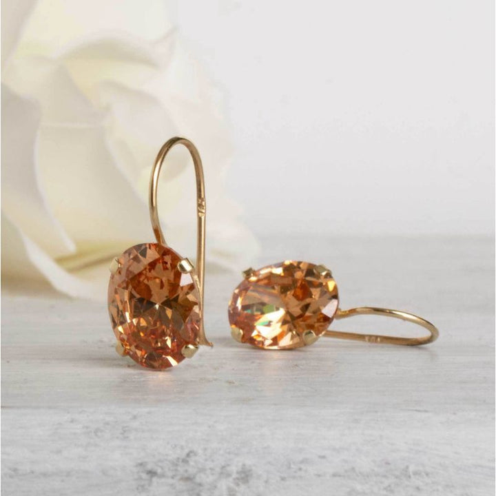 14K Gold Orange CZ 8X10mm Oval Dangle Earrings