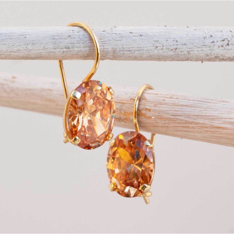 14K Gold Orange CZ 8X10mm Oval Dangle Earrings