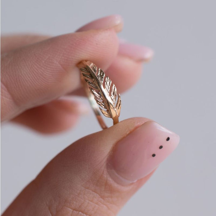 14k Solid Rose Gold Feather Ring