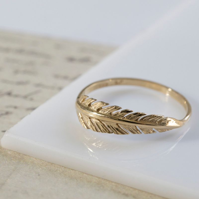 14k Solid Yellow Gold Feather Ring
